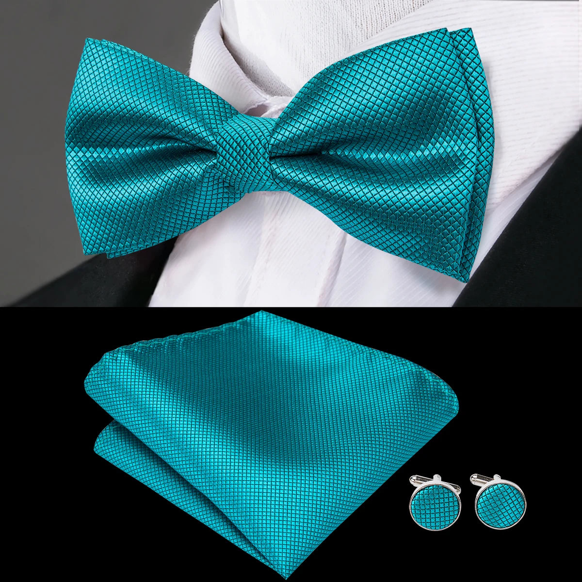 Mens bow tie in teal silk with matching pocket square and cufflinks