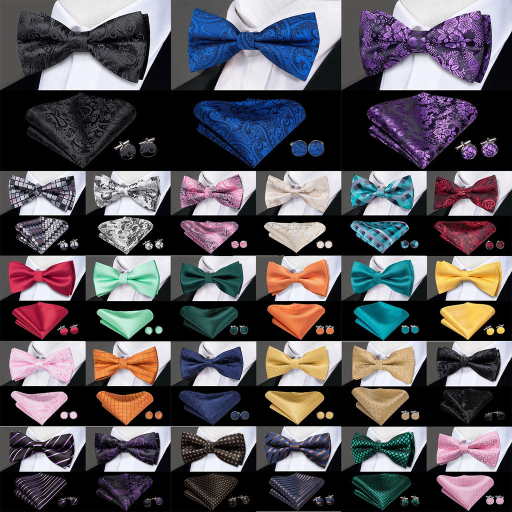 Variety of men's bow tie sets in multiple colors and patterns for formal occasions