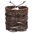 Stack of mens brown leather bracelets featuring various braided and woven designs