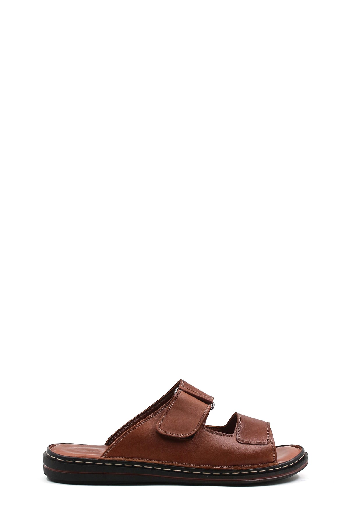 Men's Brown Leather Slippers with Dual Velcro Straps – front view