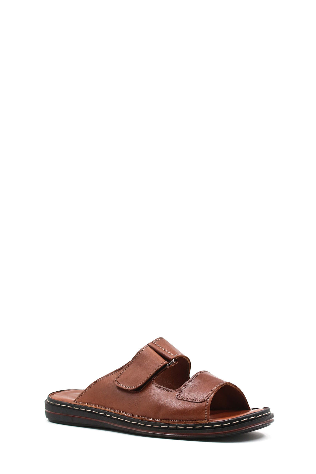 Men's Brown Leather Slippers with Dual Velcro Straps – side view