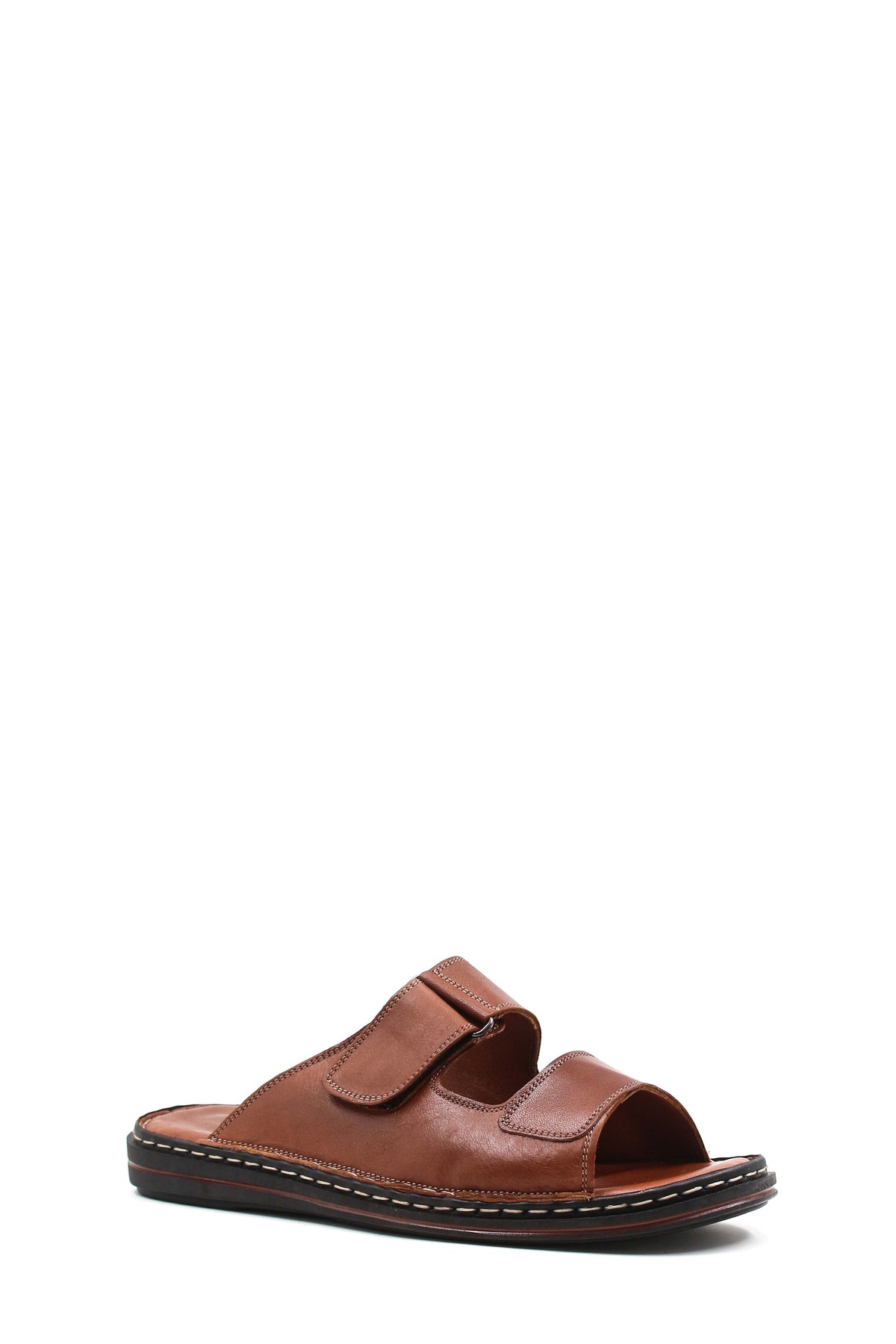 Men's Brown Leather Slippers with Dual Velcro Straps – side view