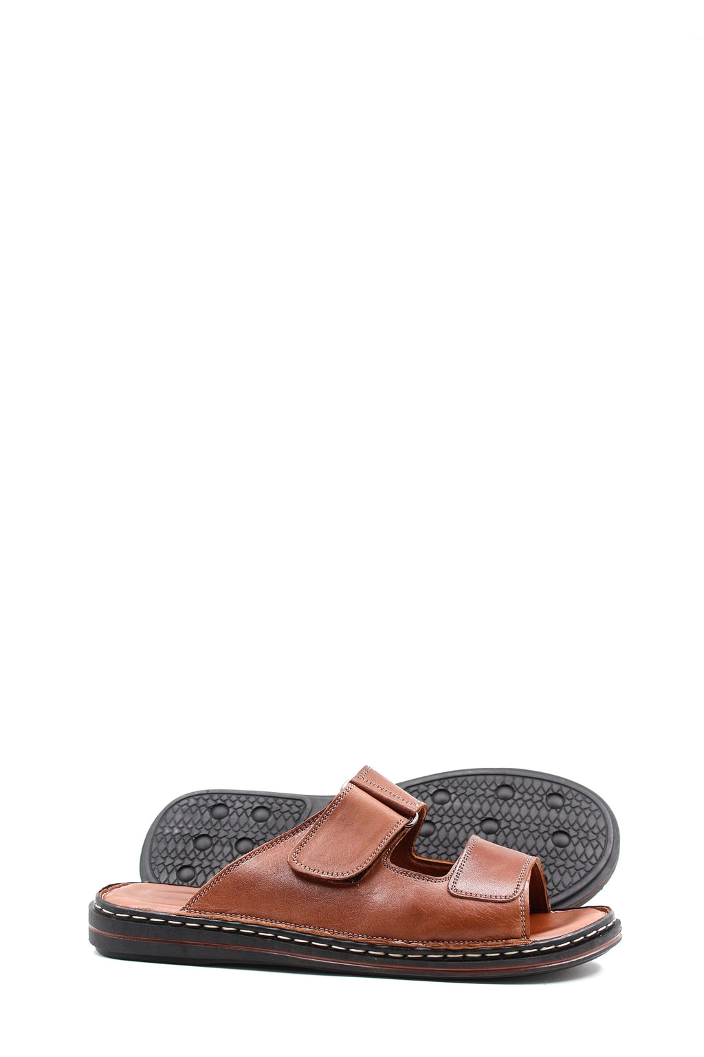 Men's Brown Leather Slippers with Dual Velcro Straps – styled view