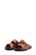 Men's Brown Leather Slippers with Dual Velcro Straps – close up view