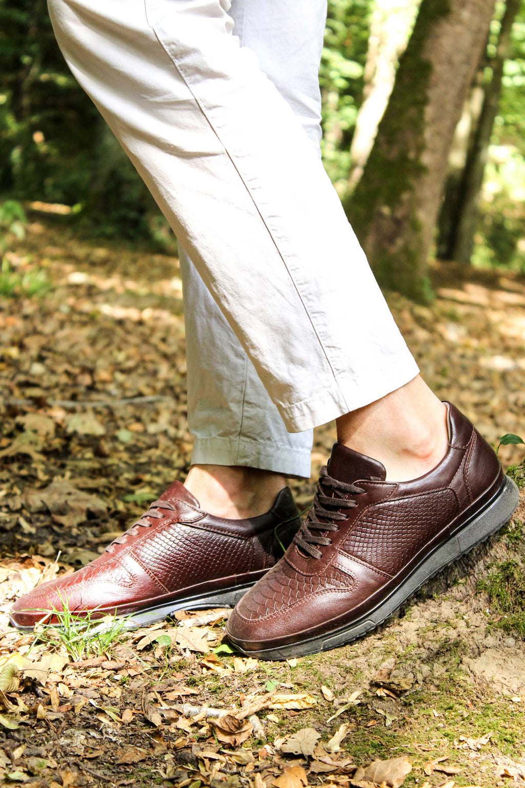 Men's Brown Leather Sneakers with Embossed Croc Texture – front view