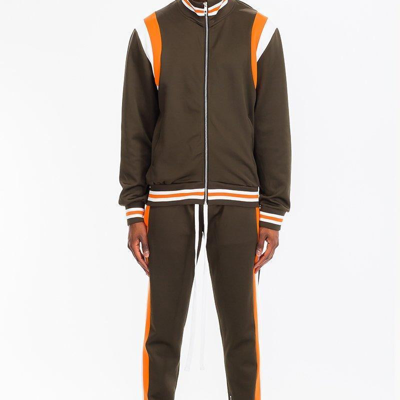 Men's 2PC Track Sets Mens Brown Orange & White Chevy Track Suit Jacket Pants