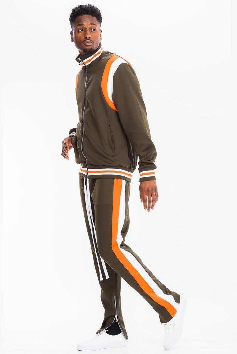 Men's 2PC Track Sets Mens Brown Orange & White Chevy Track Suit Jacket Pants