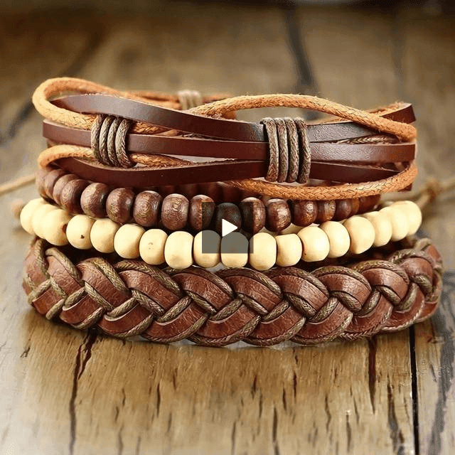 Men's brown wristband set featuring braided leather and wooden beads for stylish everyday wear