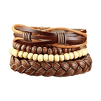 Mens brown wristband set featuring braided leather, wooden beads, and stylish design for everyday wear