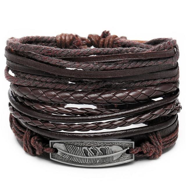 Men's Jewelry - Wristbands Mens Brown Wristbands Feather Multi-Layered Braided Bracelets