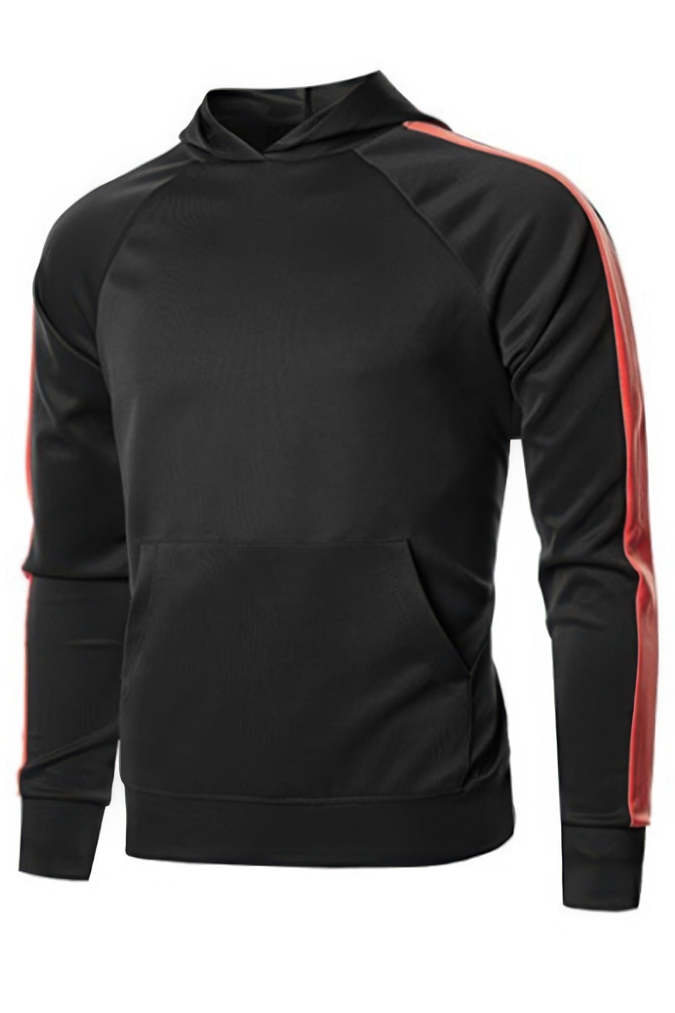 VacationGrabs men's casual vacation hoodie in black with red stripe detail on sleeves and front pocket