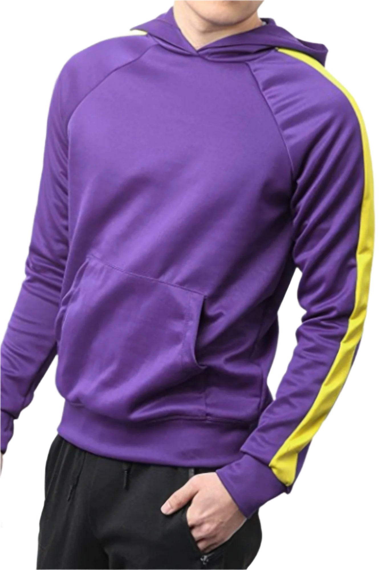 VacationGrabs men's casual vacation hoodie in purple with yellow stripe on sleeves and front pocket