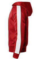 Men's casual vacation hoodie in red with white side stripe and hood from VacationGrabs