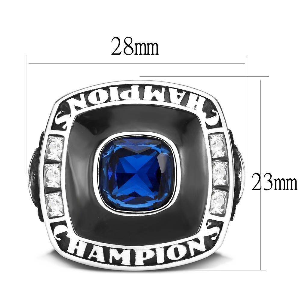 Men's Championship Rings with a Blue Center Stone and Decorative Edging Details