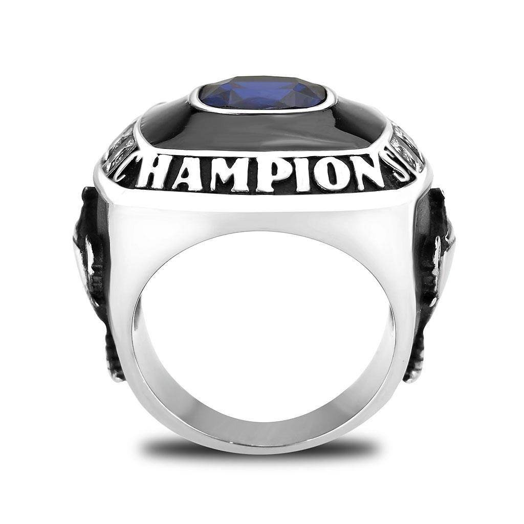 Men's championship rings featuring a blue gemstone and bold champion engraving in silver