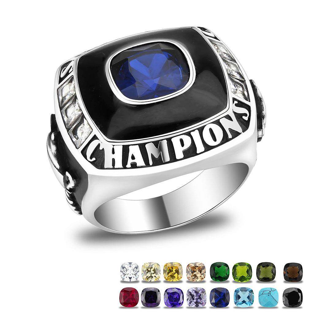 Men's championship rings featuring a black and silver design with a large blue gemstone