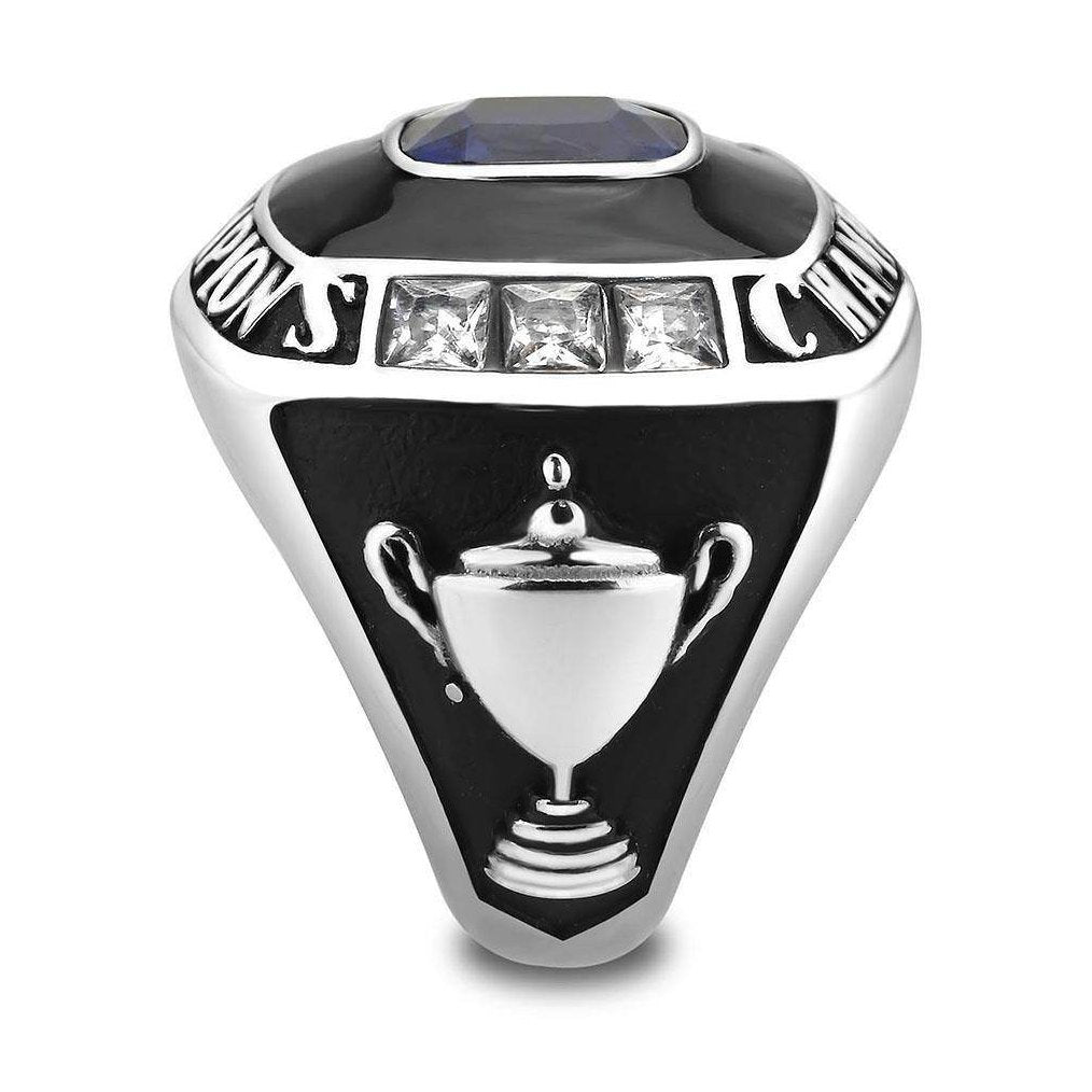 Men's championship rings featuring a black and silver design with a trophy symbol and gemstone accents