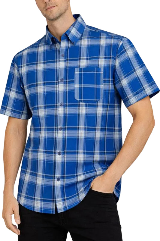 Blue men's checkered button down shirt, short-sleeve, casual wear