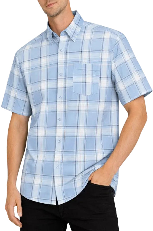 Men's checkered button down shirt in light blue, perfect for casual outings