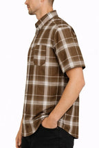 Men's checkered button down shirt in brown, perfect for casual outings