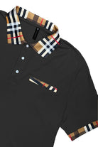 WEIV mens checkered plaid polo shirt in black with multicolor checkered collar and sleeve trim