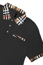 WEIV mens checkered plaid polo shirt in black with multicolor checkered collar and sleeve trim