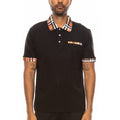 WEIV mens checkered plaid polo shirt in black with plaid collar and sleeve accents