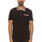 WEIV mens checkered plaid polo shirt in black with plaid collar and sleeve accents