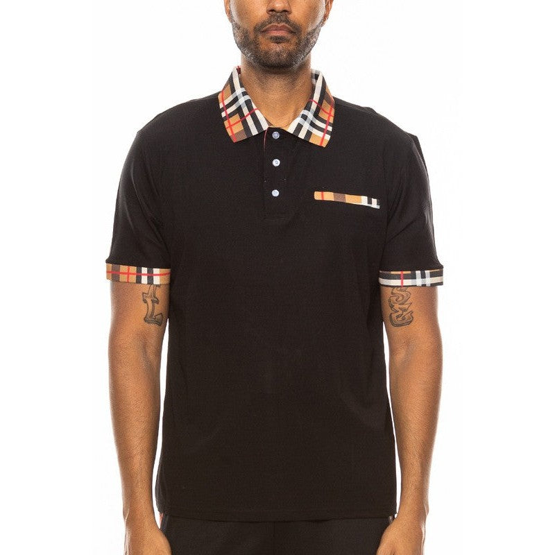 WEIV mens checkered plaid polo shirt in black with plaid collar and sleeve accents