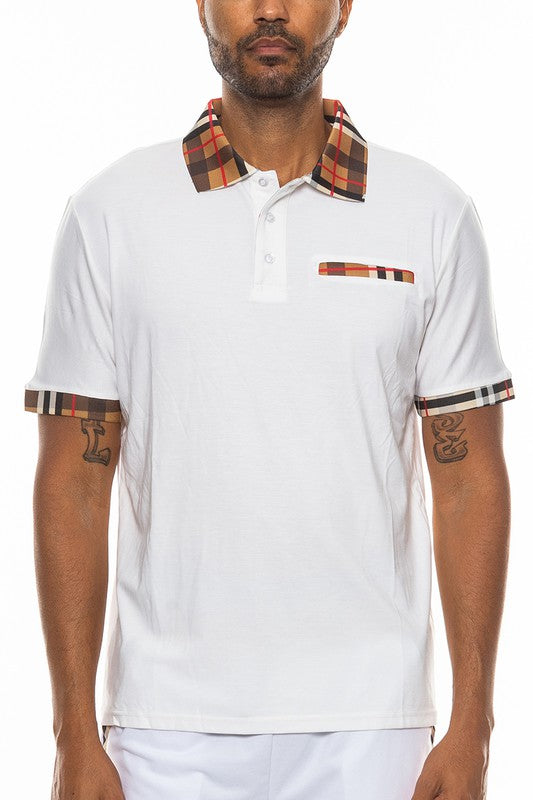 WEIV mens checkered plaid polo shirt with white base and plaid collar and sleeve trim