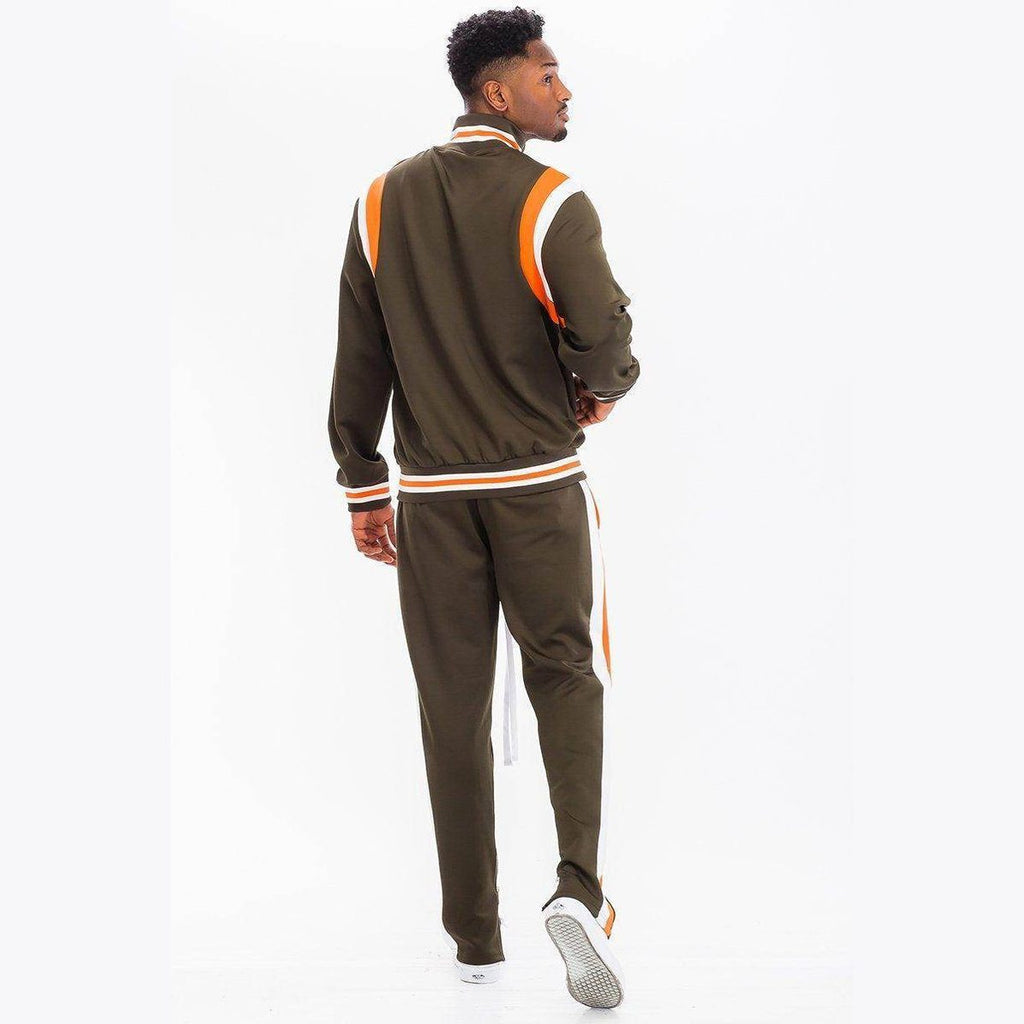 Men's Chevy Track Suit in olive green with orange and white stripes, perfect for casual and sporty wear