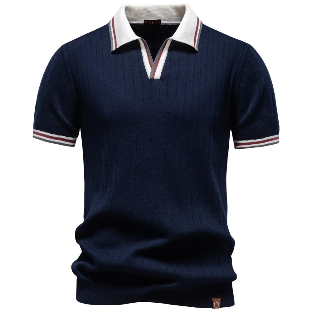 Men's navy short-sleeve shirt, breathable fabric for casual wear