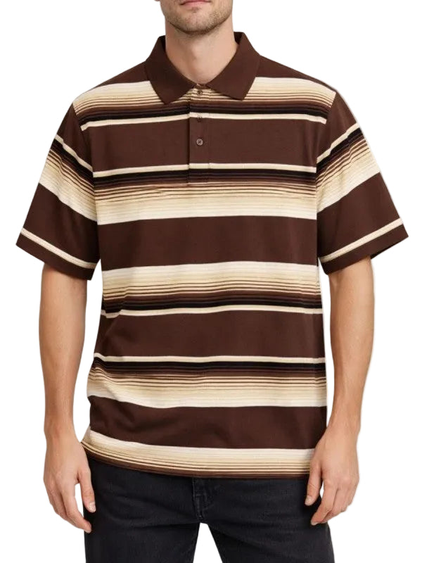Men's colorful striped polo shirt in brown and cream for casual wear