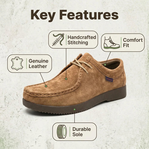 Mens comfortable shoes in brown suede with handcrafted stitching and durable sole