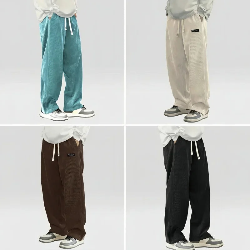 Men's comfortable travel pants in black, blue, beige, and brown colors