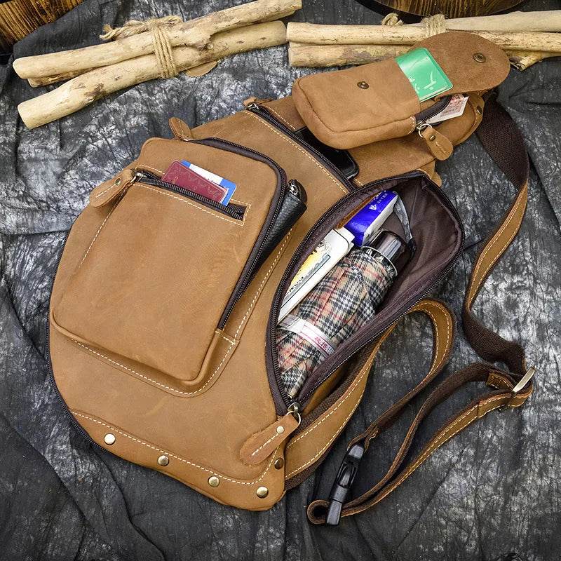 Men's crazy horse leather chest bag with multiple pockets for travel