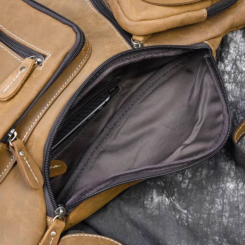men's crazy horse leather chest bag, brown leather, spacious interior