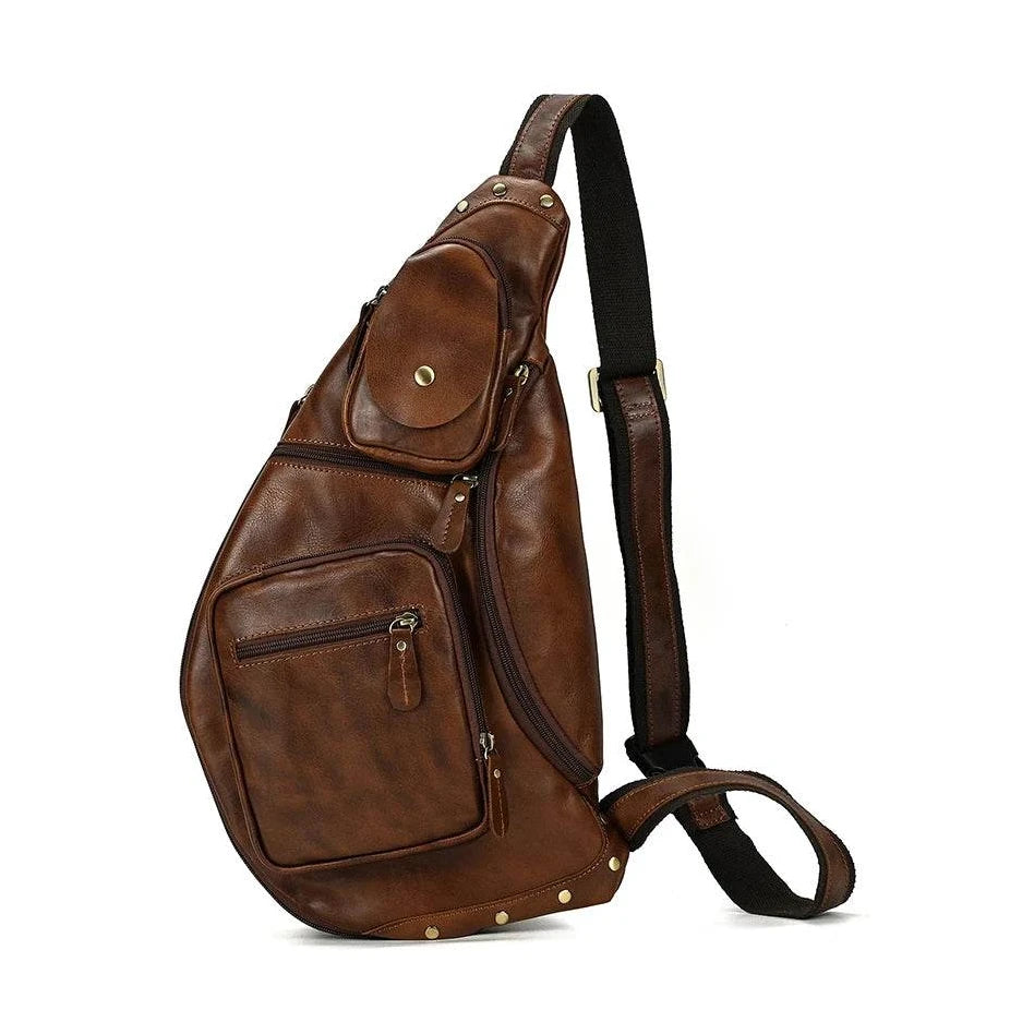 men's crazy horse leather chest bag, stylish brown design for daily use