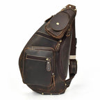 men's crazy horse leather chest bag, brown with multiple pockets