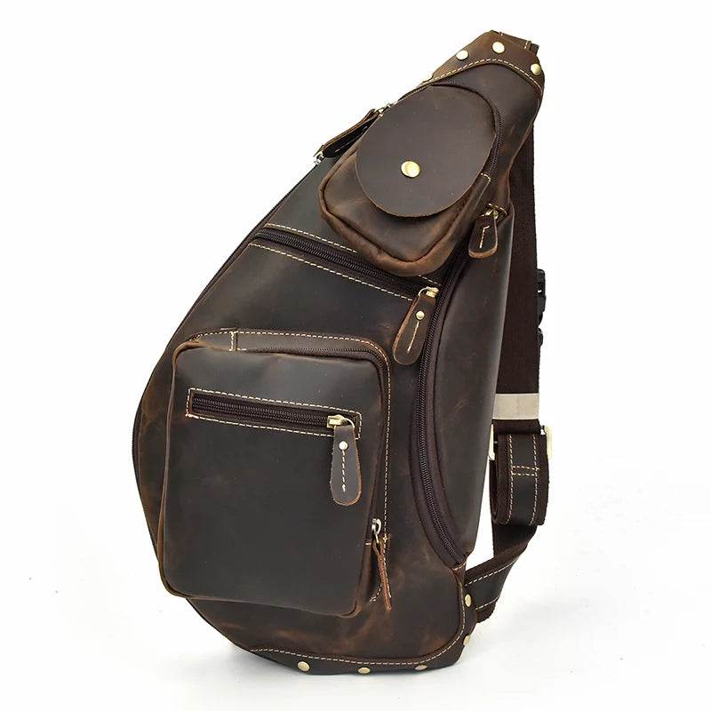 men's crazy horse leather chest bag, brown with multiple pockets