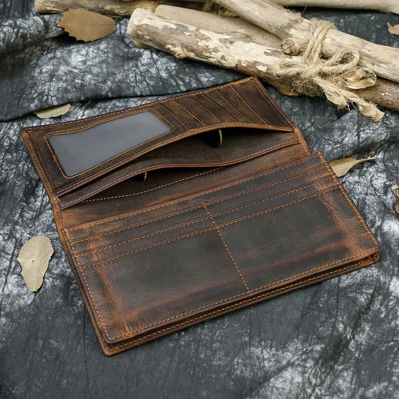 men's crazy horse leather long brown bifold travel wallet (photo 2 of 10)