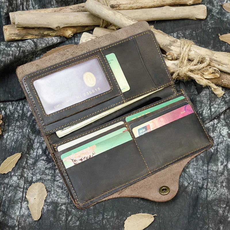 men's crazy horse leather long brown bifold travel wallet (photo 6 of 10)