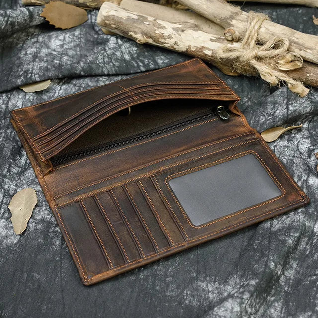 men's crazy horse leather long brown bifold travel wallet (photo 8 of 10)