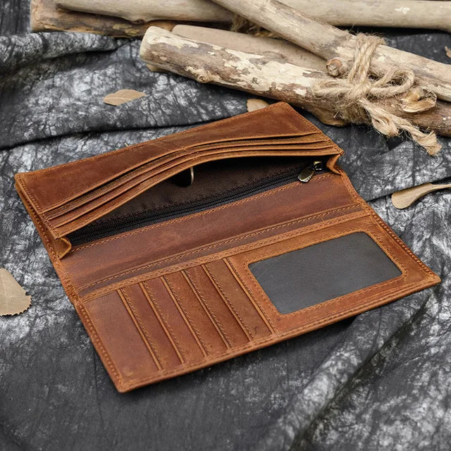 men's crazy horse leather long brown bifold travel wallet (photo 9 of 10)