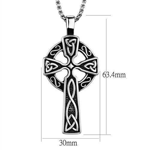 Men's cross necklace high polished with intricate Celtic design and silver chain details