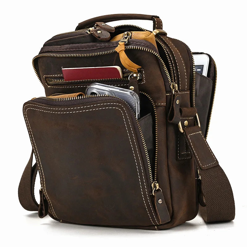 mens crossbody bag in brown leather, perfect for travel and daily use
