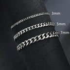 Men's Cuban chain bracelet assortment featuring 3mm, 5mm, and 7mm width options