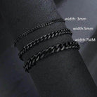 Men's Cuban chain bracelet in black with various widths of 3mm, 5mm, and 7mm for stylish accessories