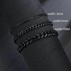 Men's Cuban chain bracelet in black with various widths of 3mm, 5mm, and 7mm for stylish accessories