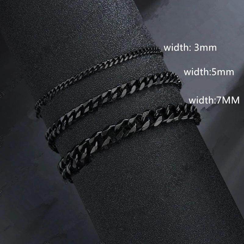 Men's Cuban chain bracelet in black with various widths of 3mm, 5mm, and 7mm for stylish accessories